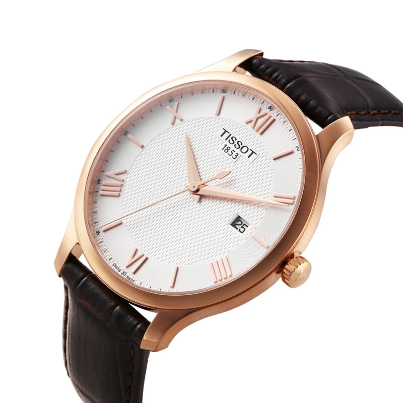 Tissot T Classic Tradition Silver Dial Brown Leather Strap Watch For Men - T063.610.36.038.00
