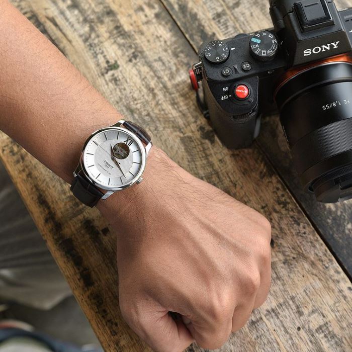 Tissot T Classic Tradition Powermatic 80 Open Heart Silver Dial Brown Leather Strap Watch for Men - T063.907.16.038.00