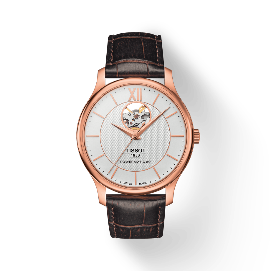 Tissot Tradition Powermatic 80 Open Heart Silver Dial Brown Leather Strap Watch For Men - T063.907.36.038.00