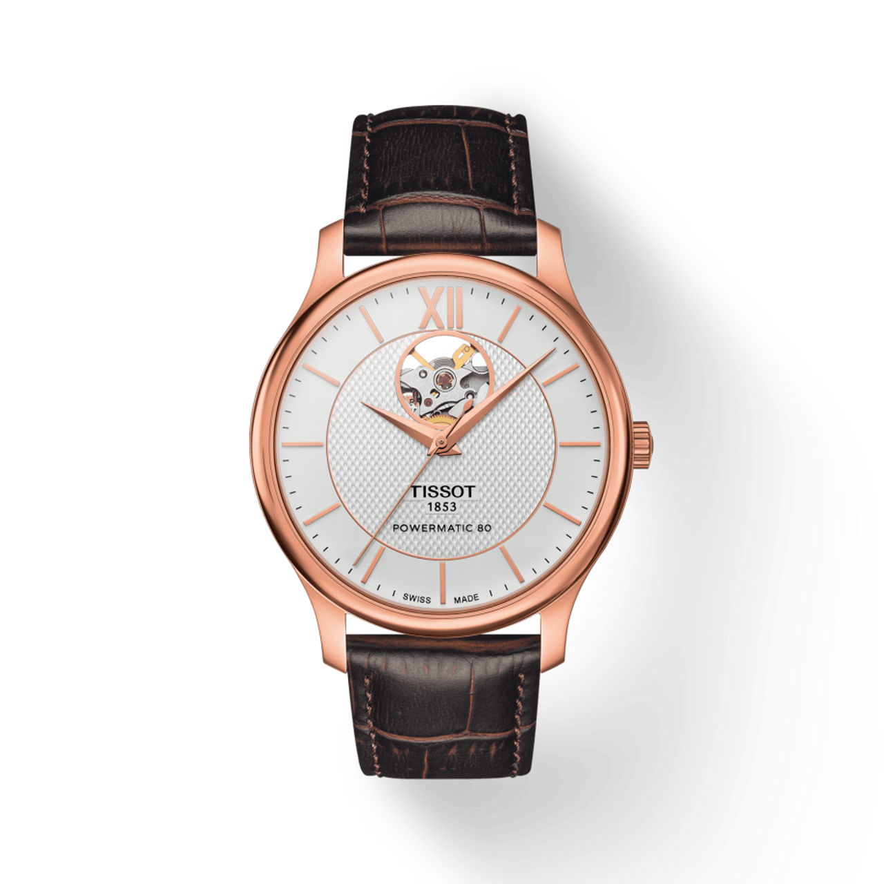 Tissot Tradition Powermatic 80 Open Heart Silver Dial Brown Leather Strap Watch For Men - T063.907.36.038.00