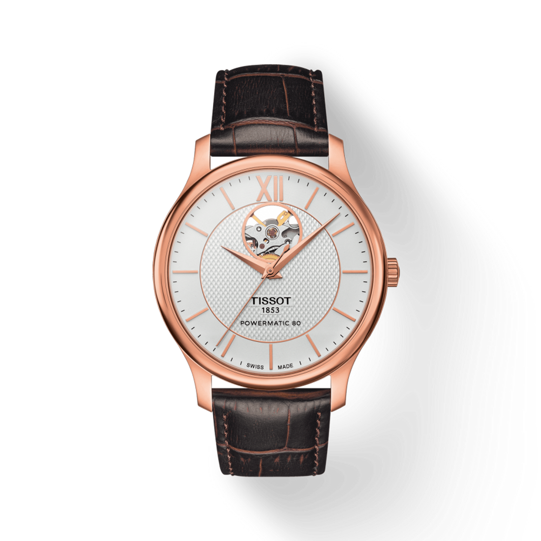 Tissot Tradition Powermatic 80 Open Heart Silver Dial Brown Leather Strap Watch For Men - T063.907.36.038.00