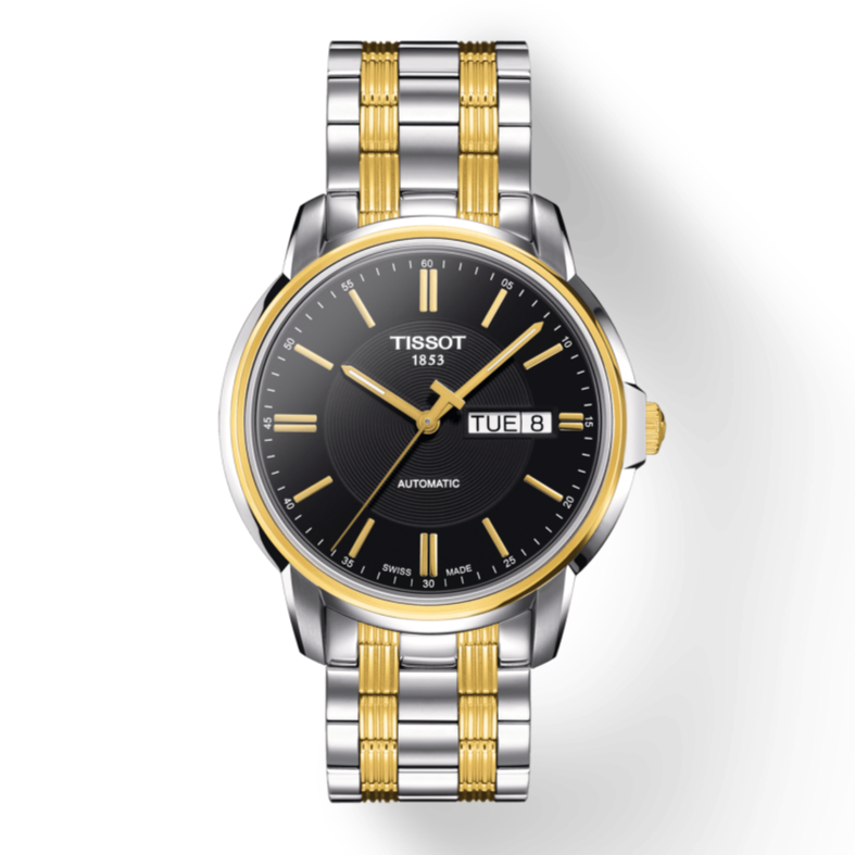 Tissot Automatics III Day Date Black Dial Two Tone Steel Strap Watch For Men - T065.430.22.051.00