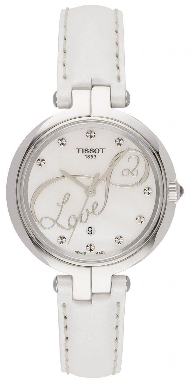 Tissot T Trend Flamingo Valentines Mother of Pearl White Dial White Leather Strap Watch For Women - T094.210.16.111.01