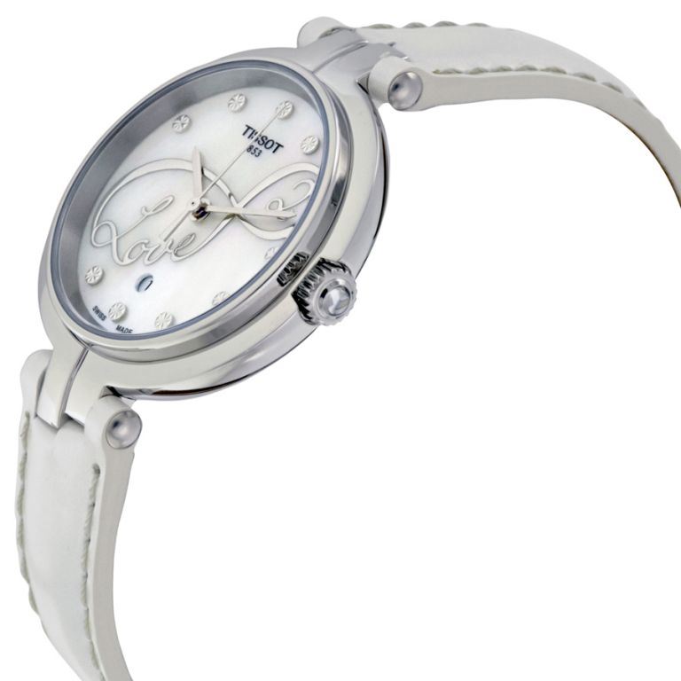 Tissot T Trend Flamingo Valentines Mother of Pearl White Dial White Leather Strap Watch For Women - T094.210.16.111.01