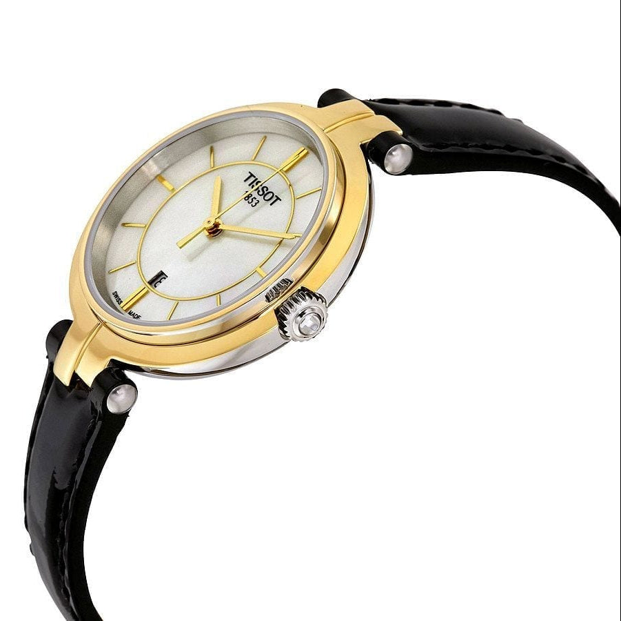 Tissot Flamingo Mother of Pearl White Dial Black Leather Strap Watch For Women - T094.210.26.111.00