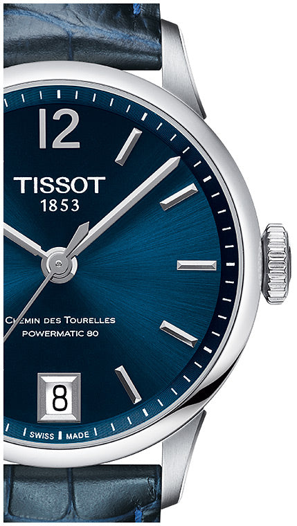 Tissot Chemin Des Tourelles Powermatic 80 Lady Blue Dial Blue Leather Strap Watch For Women - T099.207.16.047.00