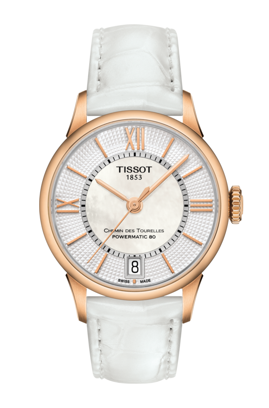 Tissot Chemin Des Tourelles Powermatic 80 Lady Silver Dial White Leather Strap Watch For Women - T099.207.36.118.00
