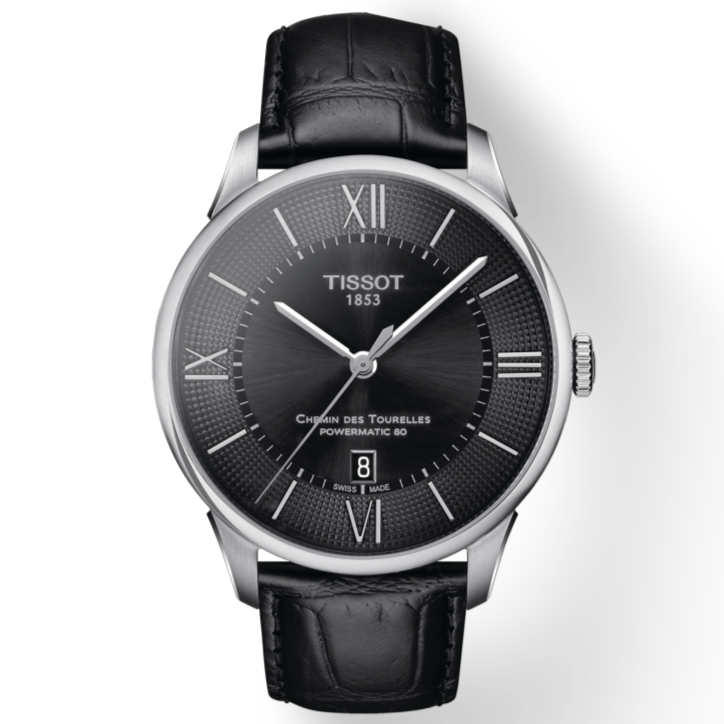 Tissot Chemin Des Tourelles Powermatic 80 Black Dial Black Leather Strap Watch For Men - T099.407.16.058.00