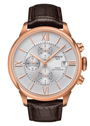 Tissot Des Tourelles Chronograph Silver Dial Brown Leather Strap Watch For Men - T099.427.36.038.00