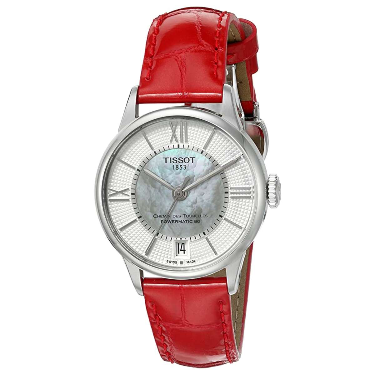 Tissot Chemin Des Tourelles Powermatic 80 Mother of Pearl White Dial Red Leather Strap Watch For Women - T099.207.16.118.00