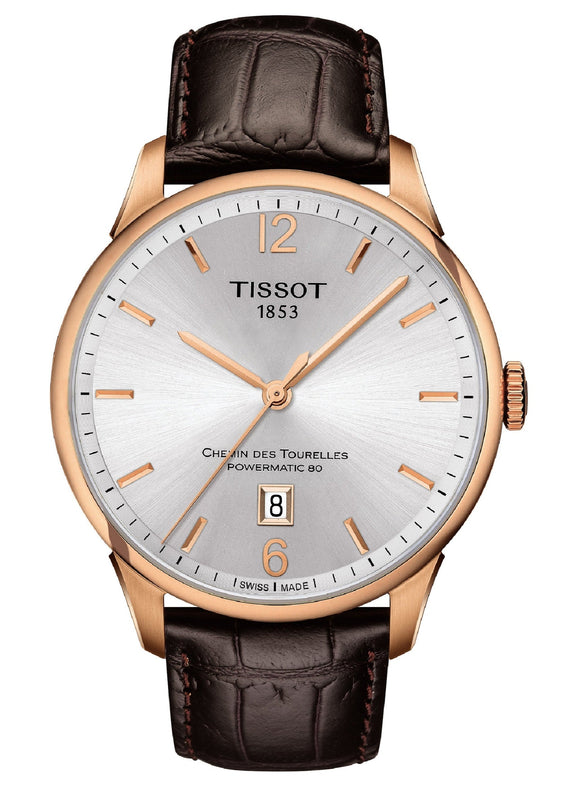 Tissot Chemin Des Tourelles Powermatic 80 Silver Dial Brown Leather Strap Watch For Men - T099.407.36.037.00