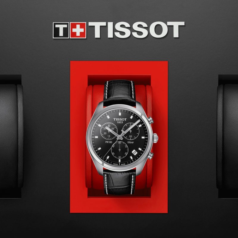 Tissot PR 100 Chronograph Black Dial Black Leather Strap Watch For Men - T101.417.16.051.00