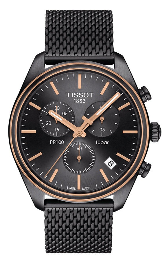Tissot T Classic PR 100 Chronograph Anthracite Black Dial Black Mesh Bracelet Watch For Men - T101.417.23.061.00