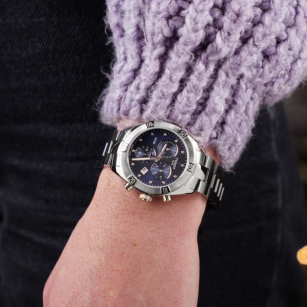 Tissot PR 100 Sport Chic Chronograph Diamonds Blue Dial Silver Steel Strap Watch for Women - T101.917.11.046.00