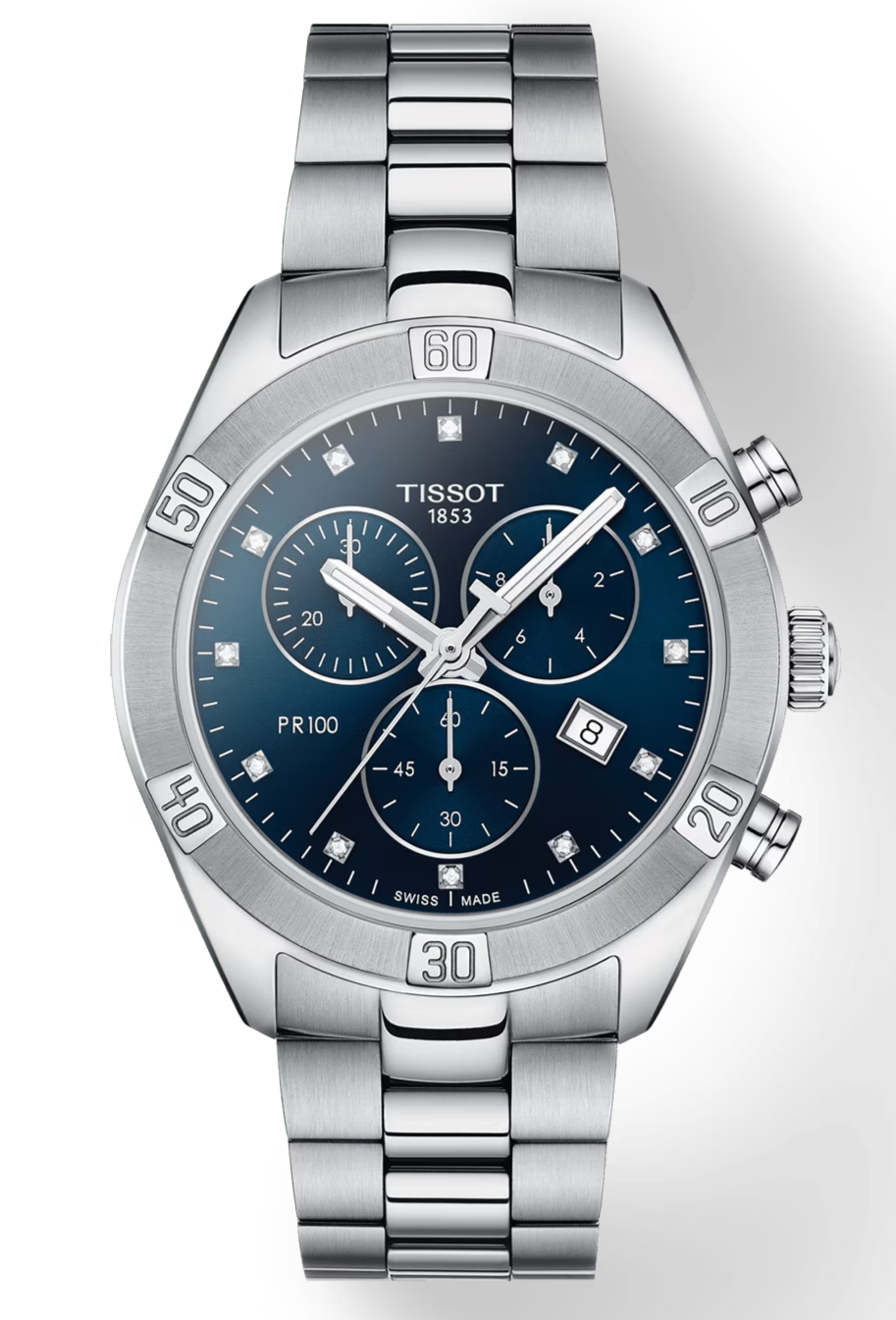 Tissot PR 100 Sport Chic Chronograph Diamonds Blue Dial Silver Steel Strap Watch for Women - T101.917.11.046.00