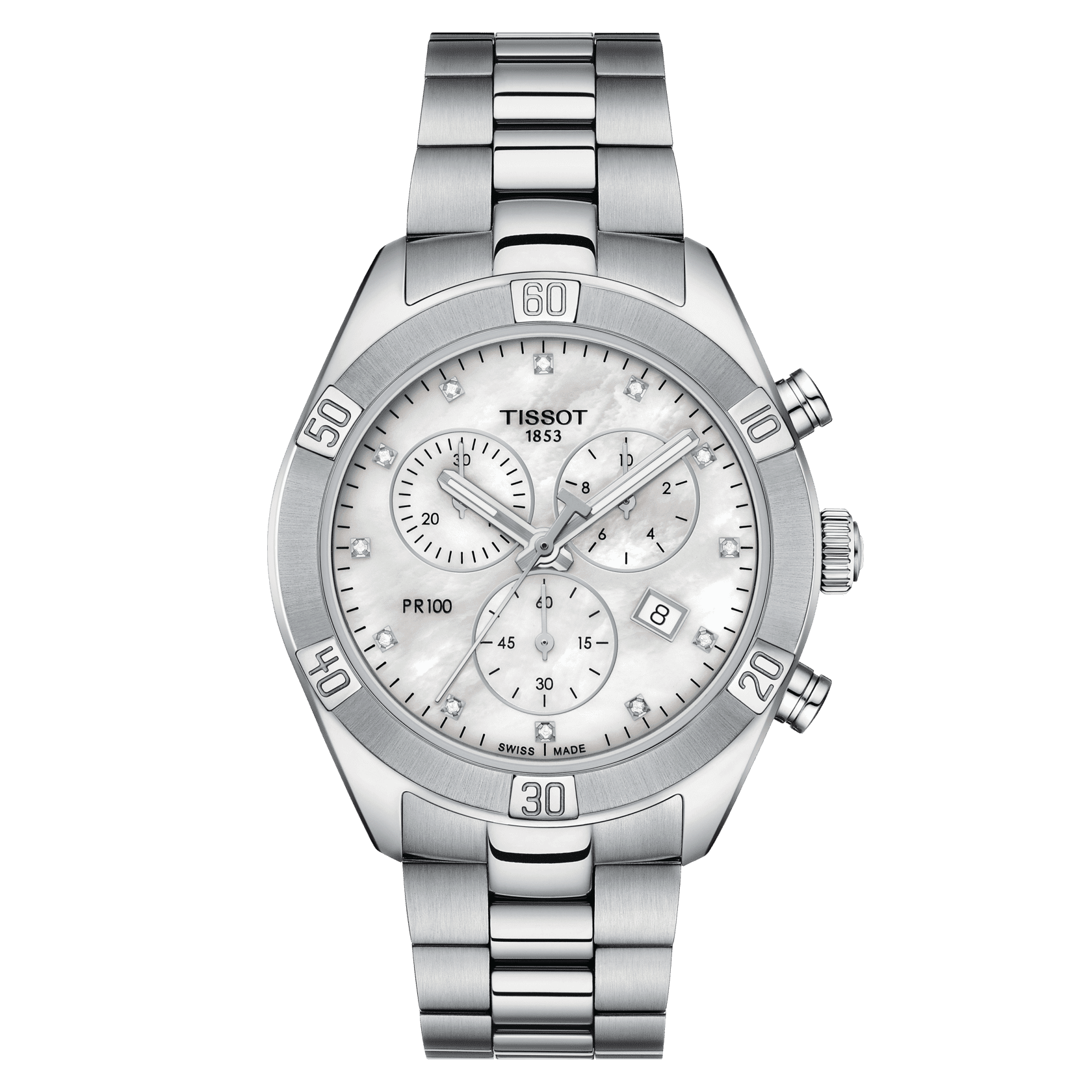 Tissot PR 100 Sport Chic Chronograph Diamonds Mother of Pearl Dial Silver Steel Strap Watch for Women - T101.917.11.116.00