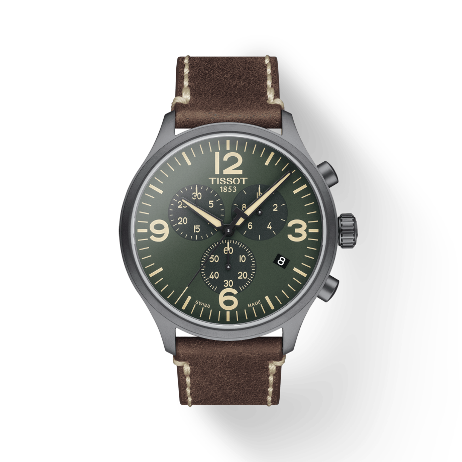 Tissot T Sport Chrono XL Green Dial Brown Leather Strap Watch For Men - T116.617.36.097.00