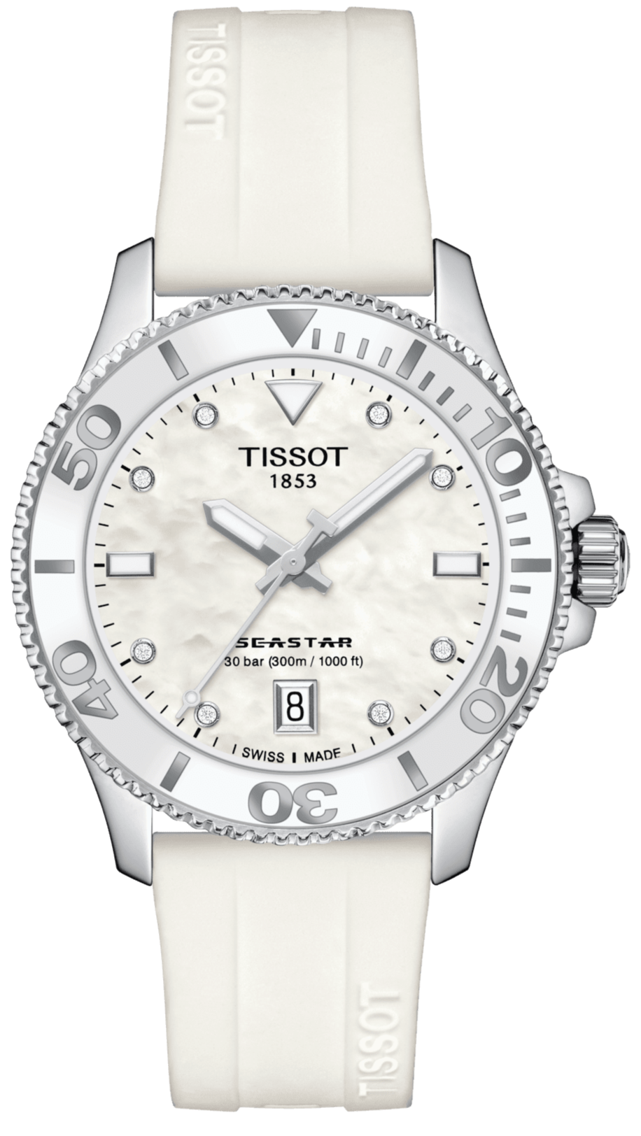 Tissot Seastar 1000 Mother of Pearl White Dial White Rubber Strap Watch for Women - T120.210.17.116.00