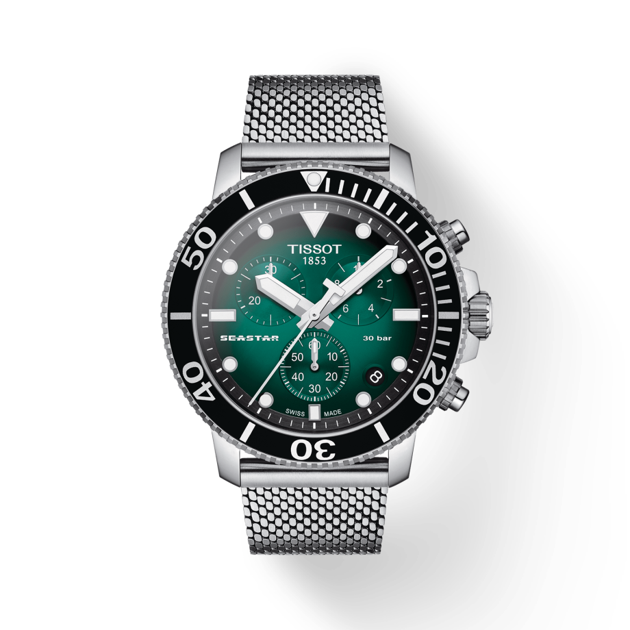 Tissot Seastar 1000 Chronograph Green Dial Silver Mesh Bracelet Watch For Men - T120.417.11.091.00