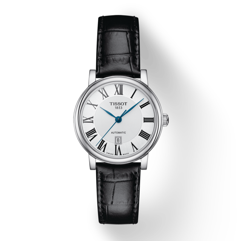 Tissot Carson Premium Automatic Lady Silver Dial Black Leather Strap Watch for Women - T122.207.16.033.00