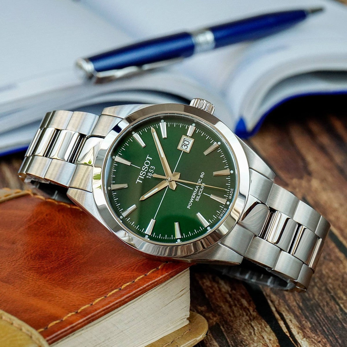 Tissot Gentleman Powermatic 80 Silicium Green Dial Silver Steel Strap Watch For Men - T127.407.11.091.01