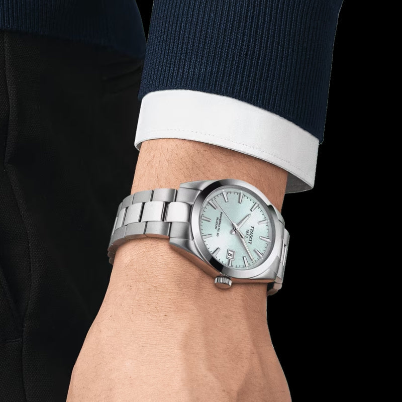 Tissot Gentleman Powermatic 80 Silicium Ice Blue Silver Steel Strap Watch For Men - T127.407.11.351.00