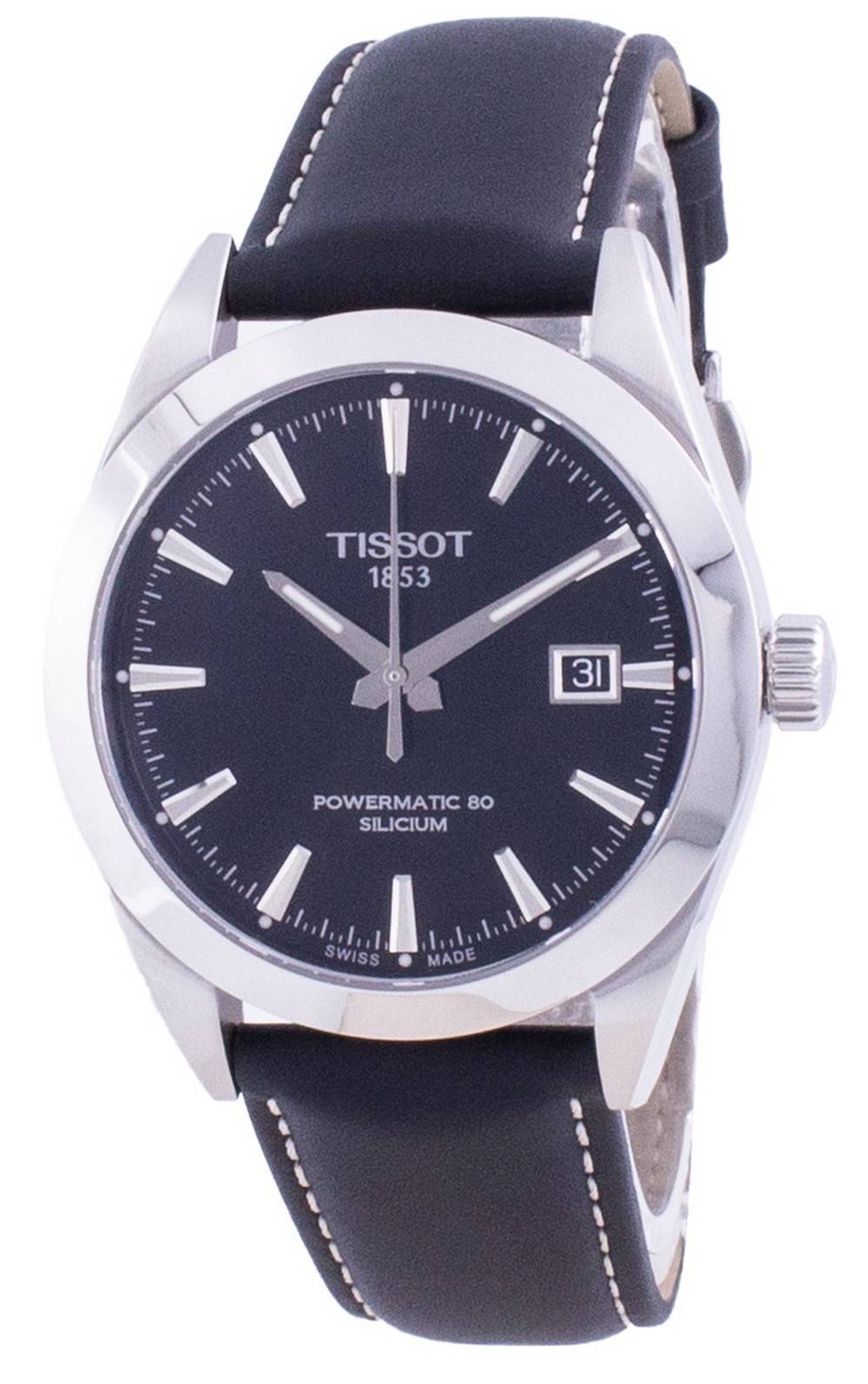 Tissot Gentleman Powermatic 80 Silicium Black Dial Black Leather Strap Watch For Men - T127.407.16.051.00