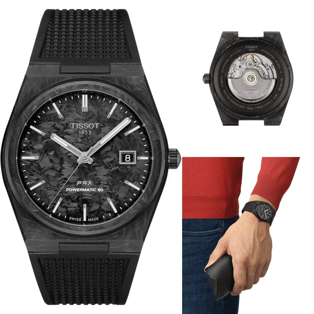 Tissot PRX Powermatic 80 Carbon Black Dial Black Rubber Strap Watch for Men - T137.907.97.201.00