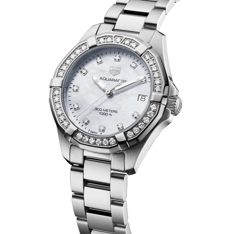 Tag Heuer Aquaracer Diamonds White Mother of Pearl Dial Silver Steel Strap Watch for Women - WBD1315.BA0740