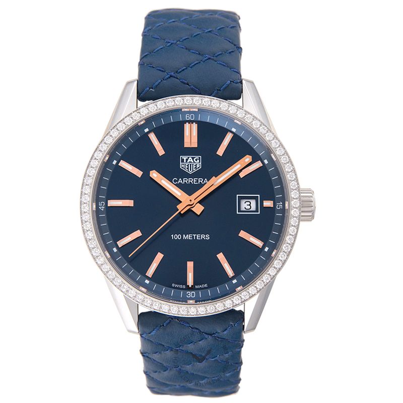 Tag Heuer Carrera Quartz Diamonds Blue Dial Blue Leather Strap Watch for Women - WAR1114.FC6391