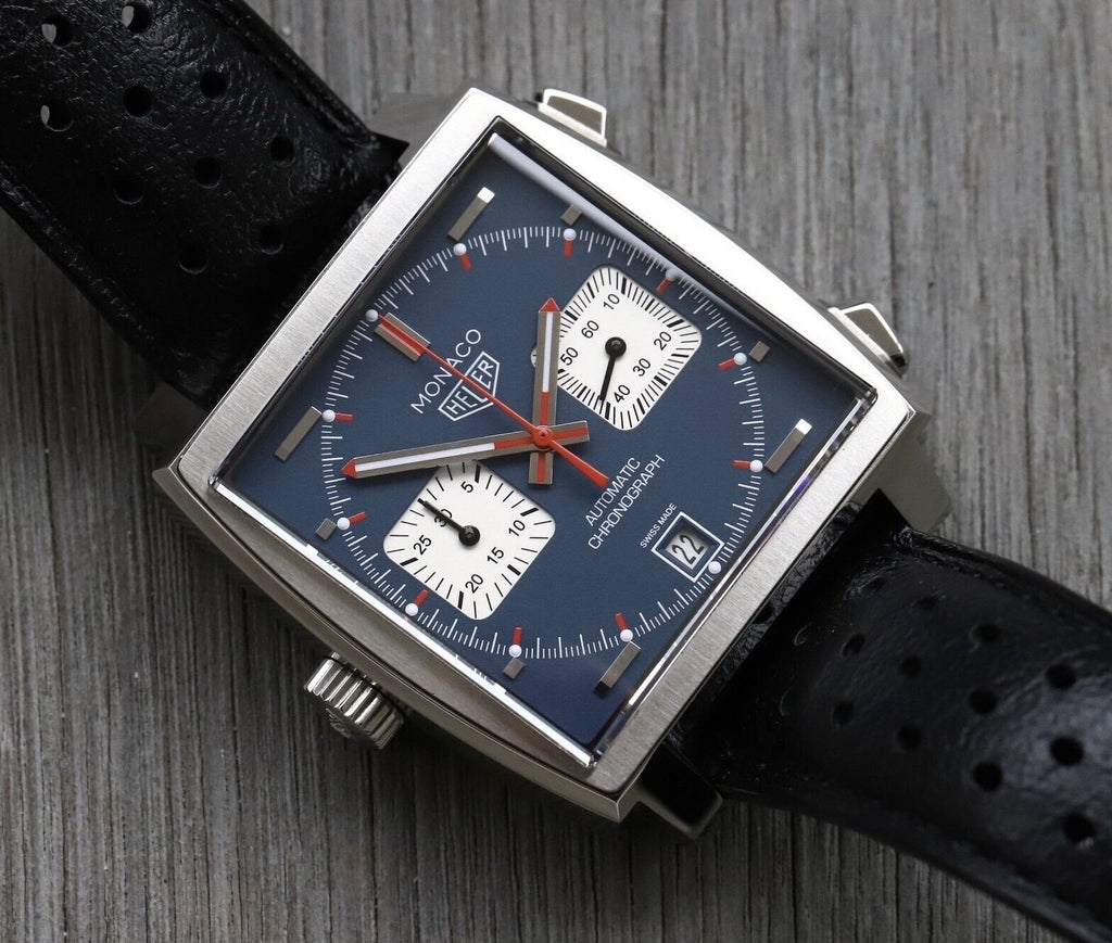 Tag Heuer Monaco Automatic Chronograph Blue Dial Black Leather Strap Watch for Men - CAW211P.FC6356