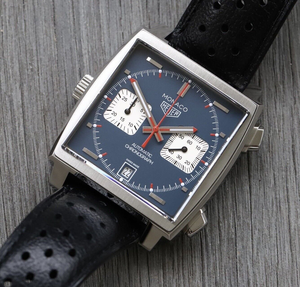 Tag Heuer Monaco Automatic Chronograph Blue Dial Black Leather Strap Watch for Men - CAW211P.FC6356