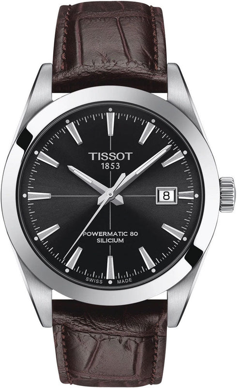 Tissot Gentleman Powermatic 80 Silicium Black Dial Brown Leather Strap Watch For Men - T127.407.16.051.01