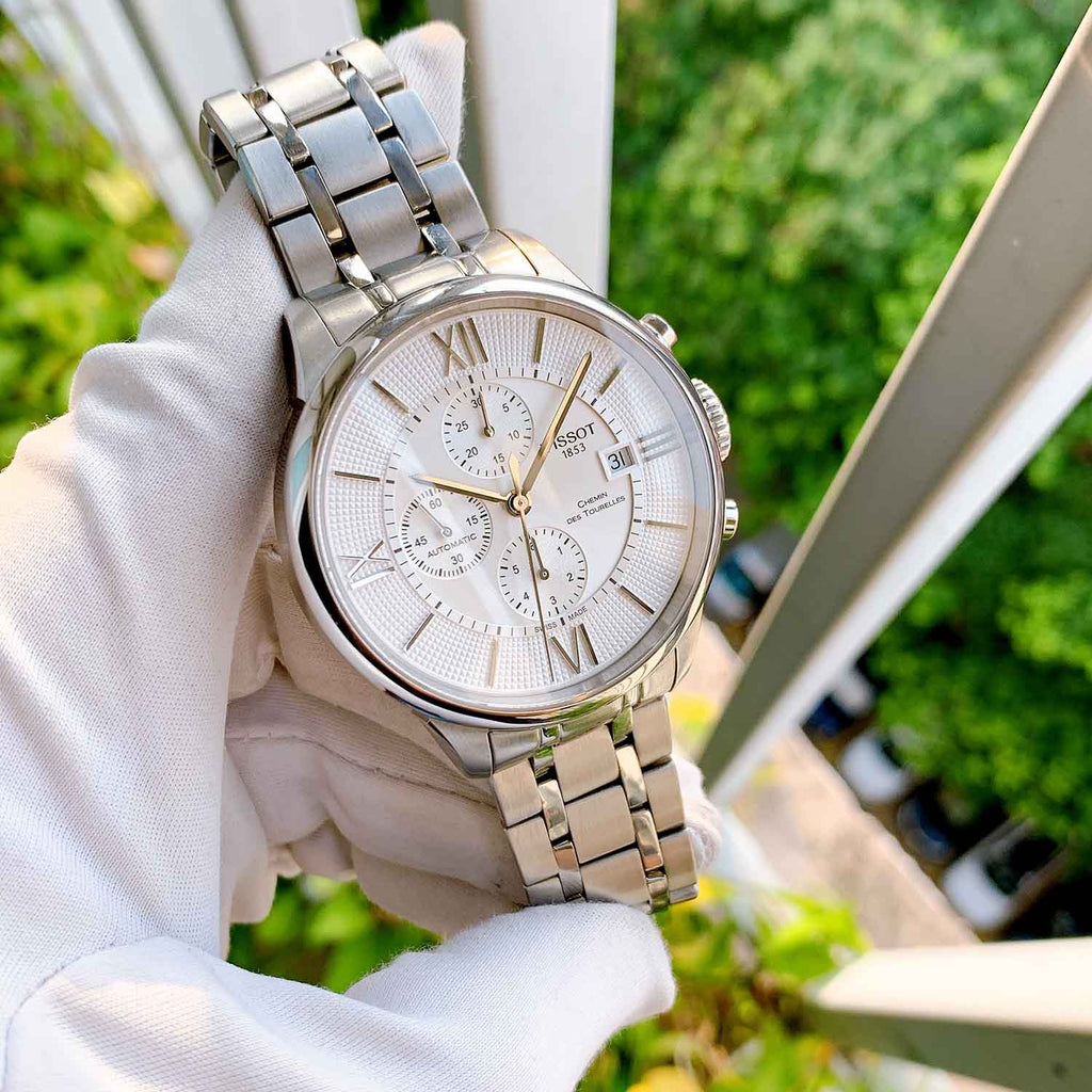 Tissot Chemin des Tourelles Automatic Chronograph White Dial Silver Steel Strap Watch for Men - T099.427.11.038.00