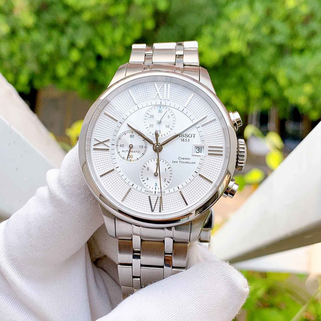 Tissot Chemin des Tourelles Automatic Chronograph White Dial Silver Steel Strap Watch for Men - T099.427.11.038.00