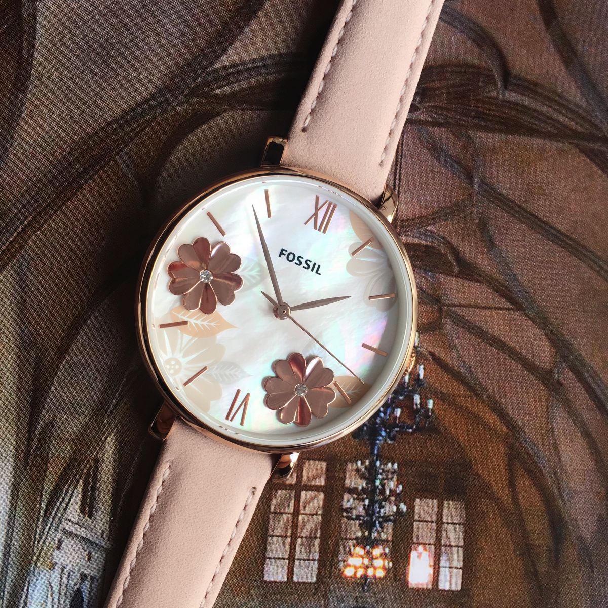 Fossil Jacqueline Three Hand Mother of Pearl Dial Pink Leather Strap Watch for Women - ES4671