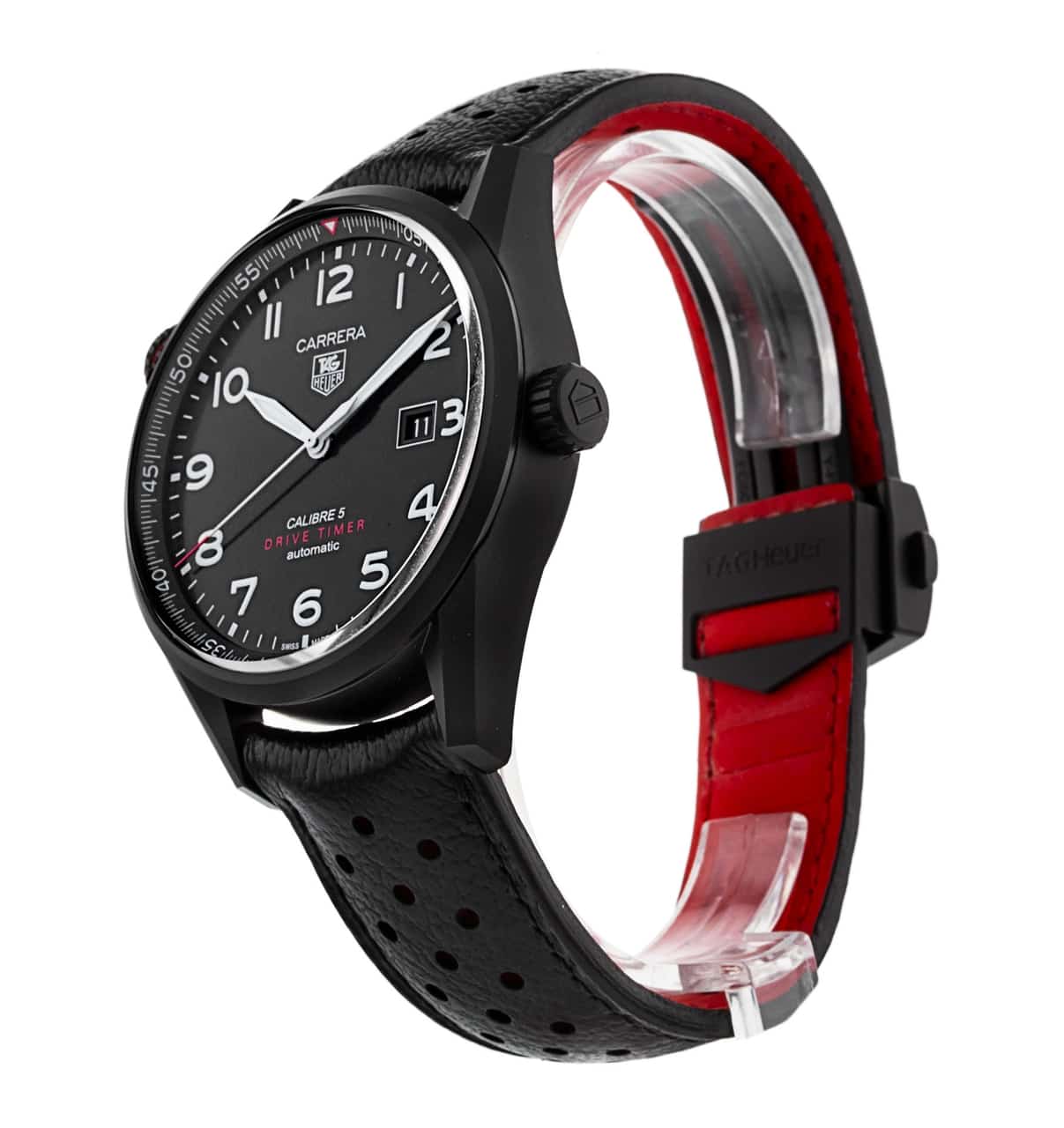 Tag Heuer Carrera Calibre 5 Drive Timer Black Dial Black Leather Strap Watch for Men - WAR2A80.FC6337