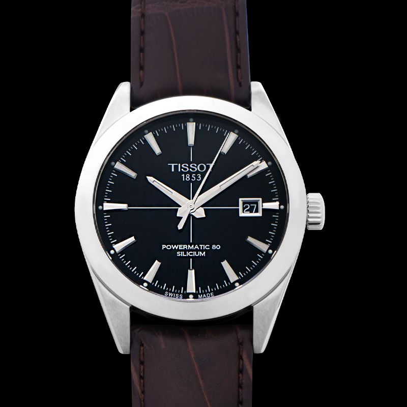Tissot Gentleman Powermatic 80 Silicium Black Dial Brown Leather Strap Watch For Men - T127.407.16.051.01