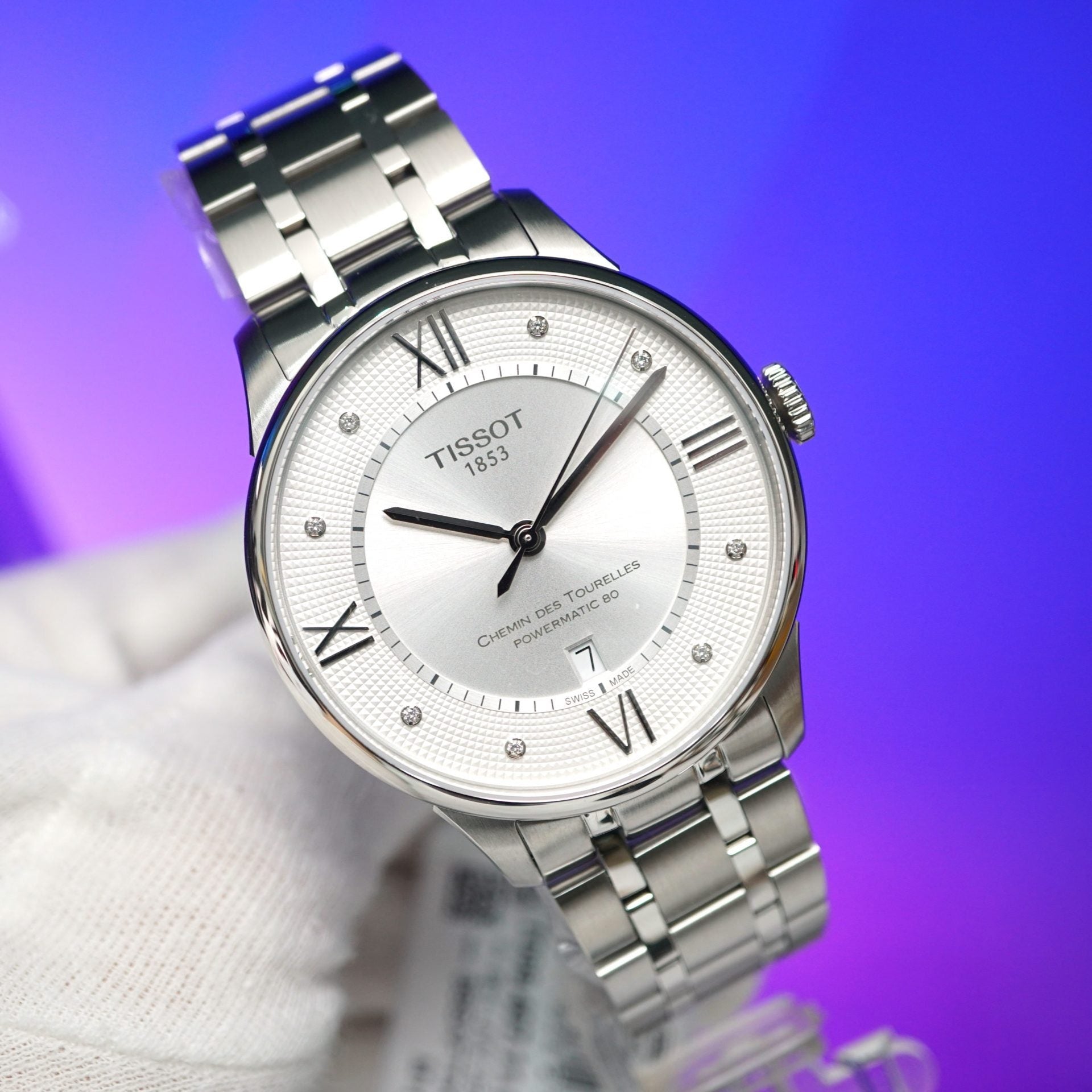 Tissot Chemin Des Tourelles Powermatic 80 Diamonds Silver Dial Silver Steel Strap Watch for Men - T099.407.11.033.00