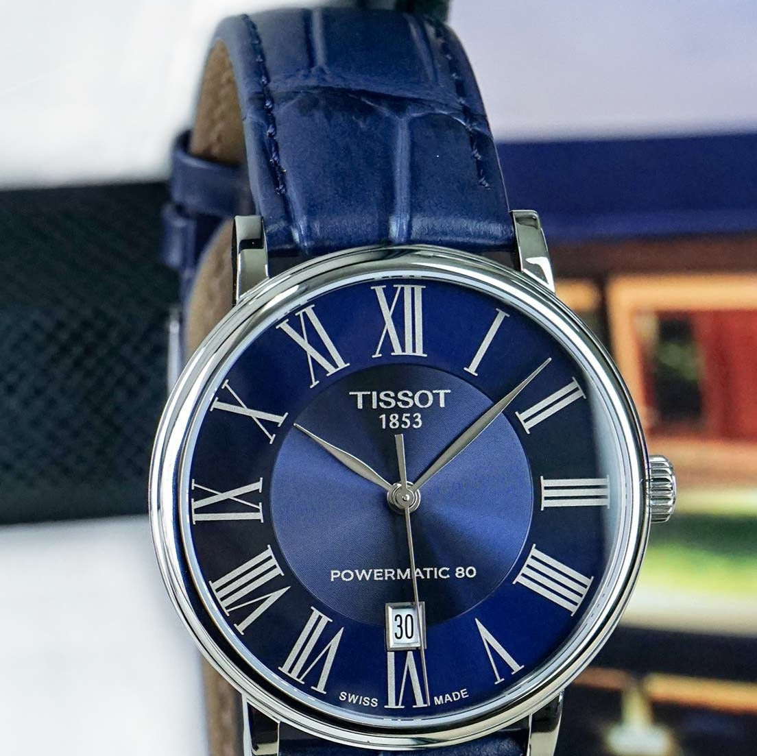 Tissot Carson Premium Powermatic 80 Blue Dial Blue Leather Strap Watch For Men - T122.407.16.043.00