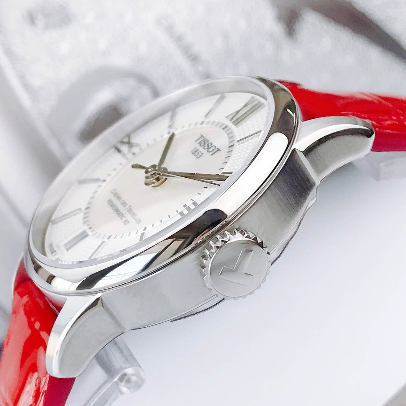 Tissot Chemin Des Tourelles Powermatic 80 Mother of Pearl White Dial Red Leather Strap Watch For Women - T099.207.16.118.00