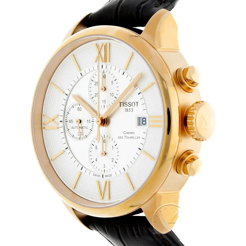 Tissot Des Tourelles Chronograph Silver Dial Brown Leather Strap Watch For Men - T099.427.36.038.00