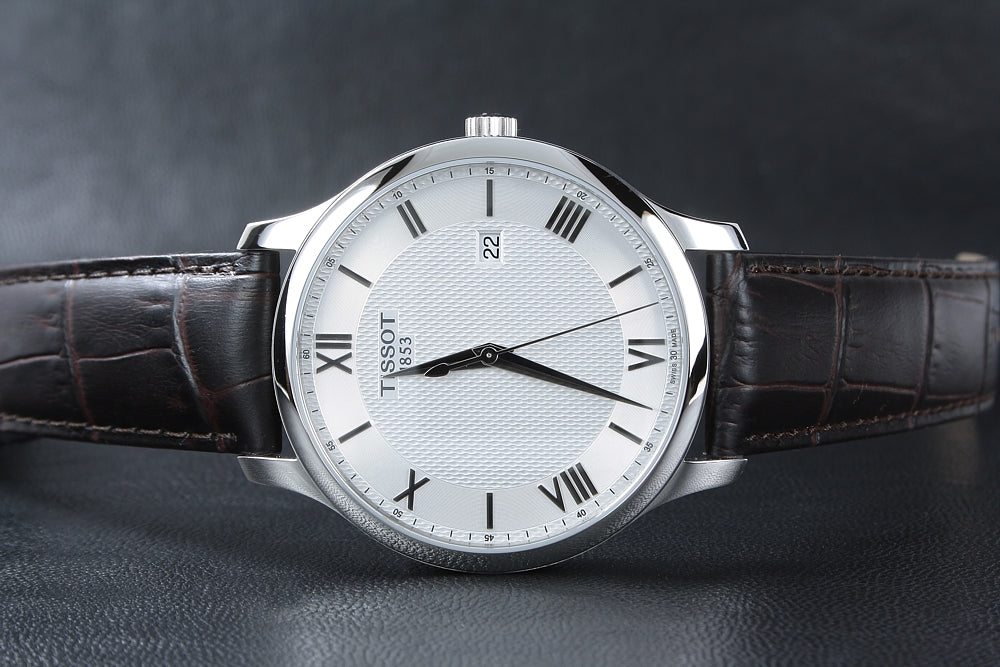 Tissot T Classic Tradition Silver Dial Brown Leather Strap Watch For Men - T063.610.16.038.00