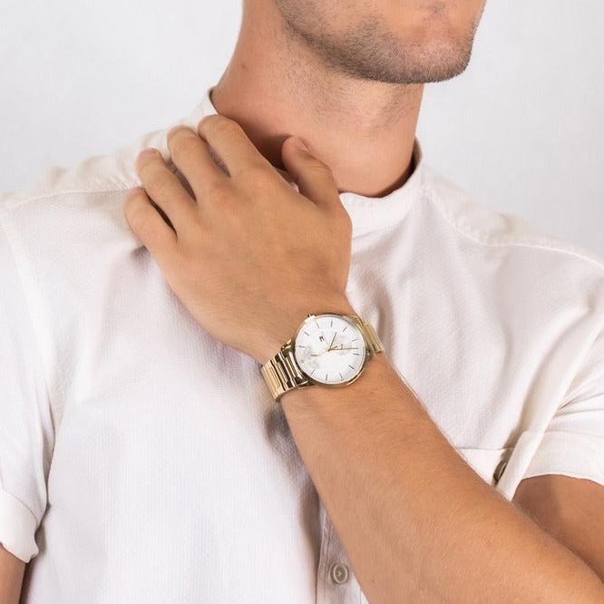 Tommy Hilfiger Hunter White Dial Gold Steel Strap Watch for Men - 1791609