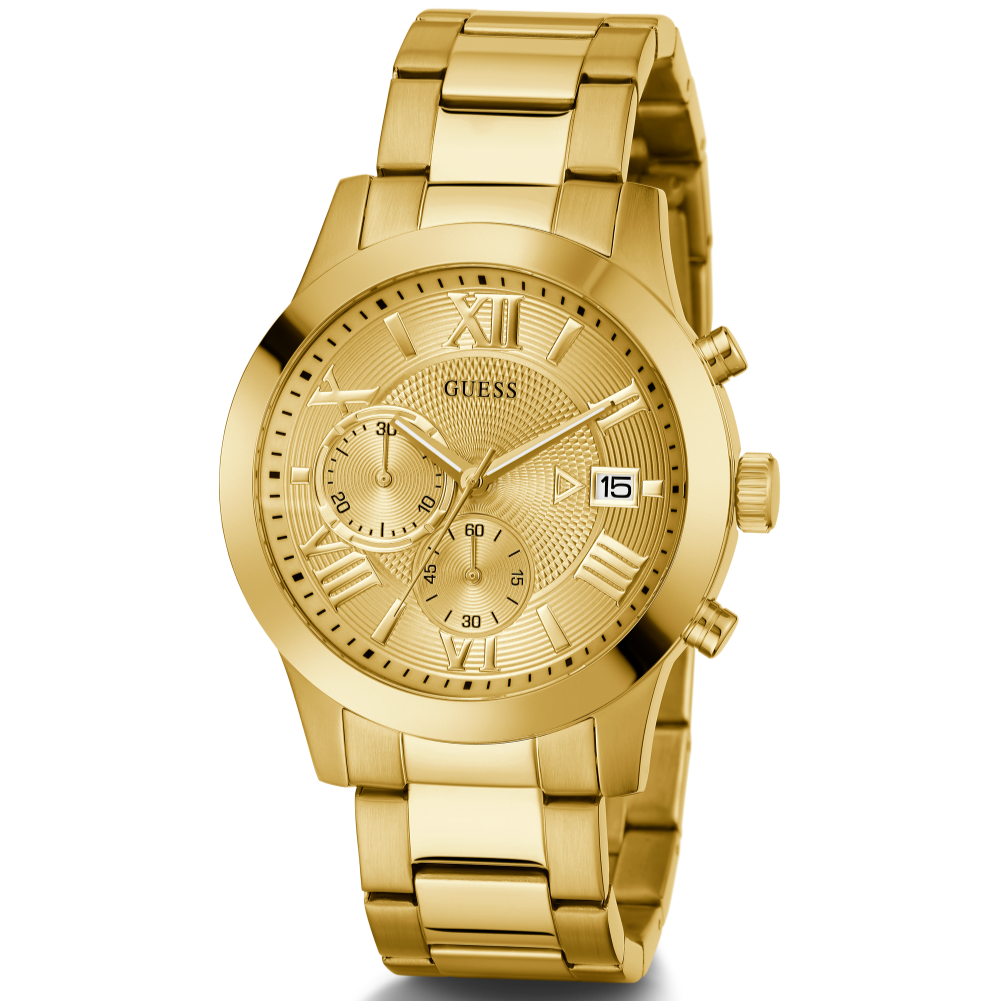 Guess Atlas Chronograph Gold Dial Gold Steel Strap Watch For Men - W0668G4