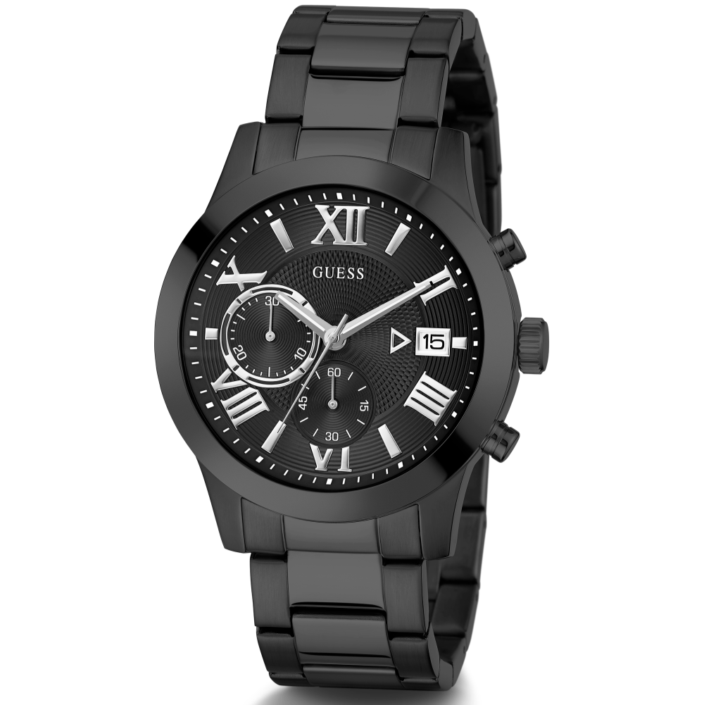 Guess Atlas Chronograph Black Dial Black Steel Strap Watch For Men - W0668G5