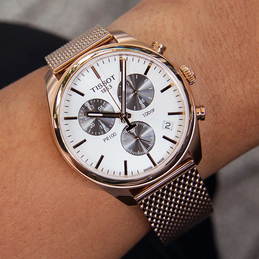 Tissot T Classic PR 100 Chronograph Silver Dial Rose Gold Mesh Bracelet Watch For Men - T101.417.33.031.01