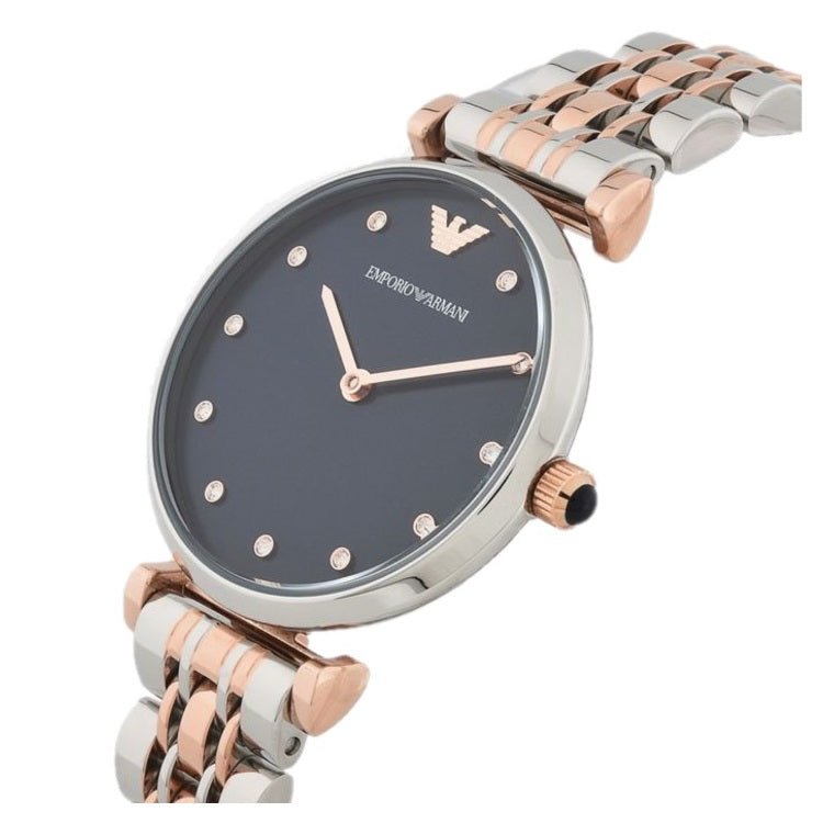 Emporio Armani Gianni T Bar Crystal Blue Dial Two Tone Steel Strap Watch For Women - AR11092