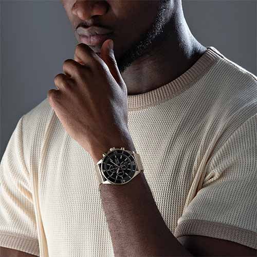 Hugo Boss Ocean Edition Black Dial Gold Mesh Bracelet Watch for Men - 1513703