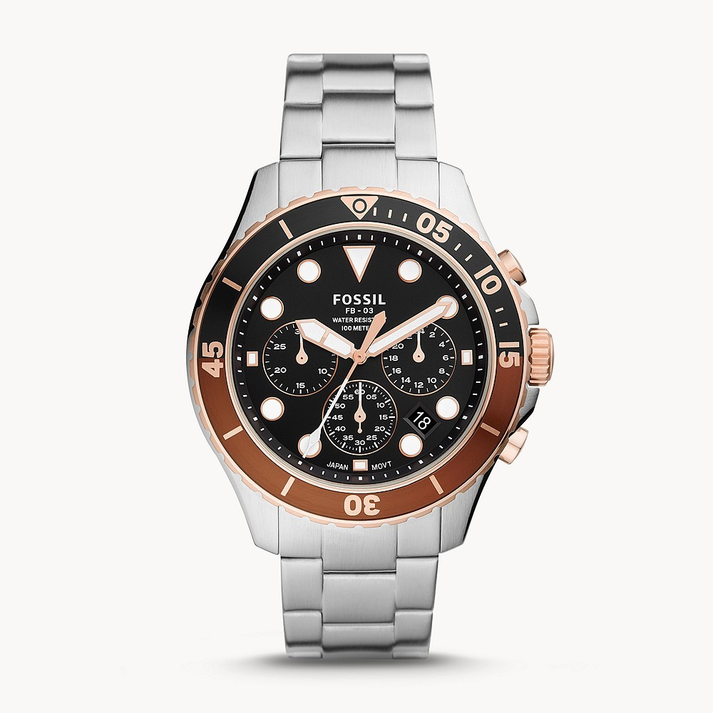 Fossil FB-03 Chronograph Black Dial Silver Steel Strap Watch for Men - FS5768